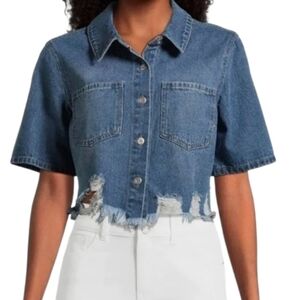 Denim Cropped Distressed Button-Up Shirt - Blue Sz Xl Nwt
